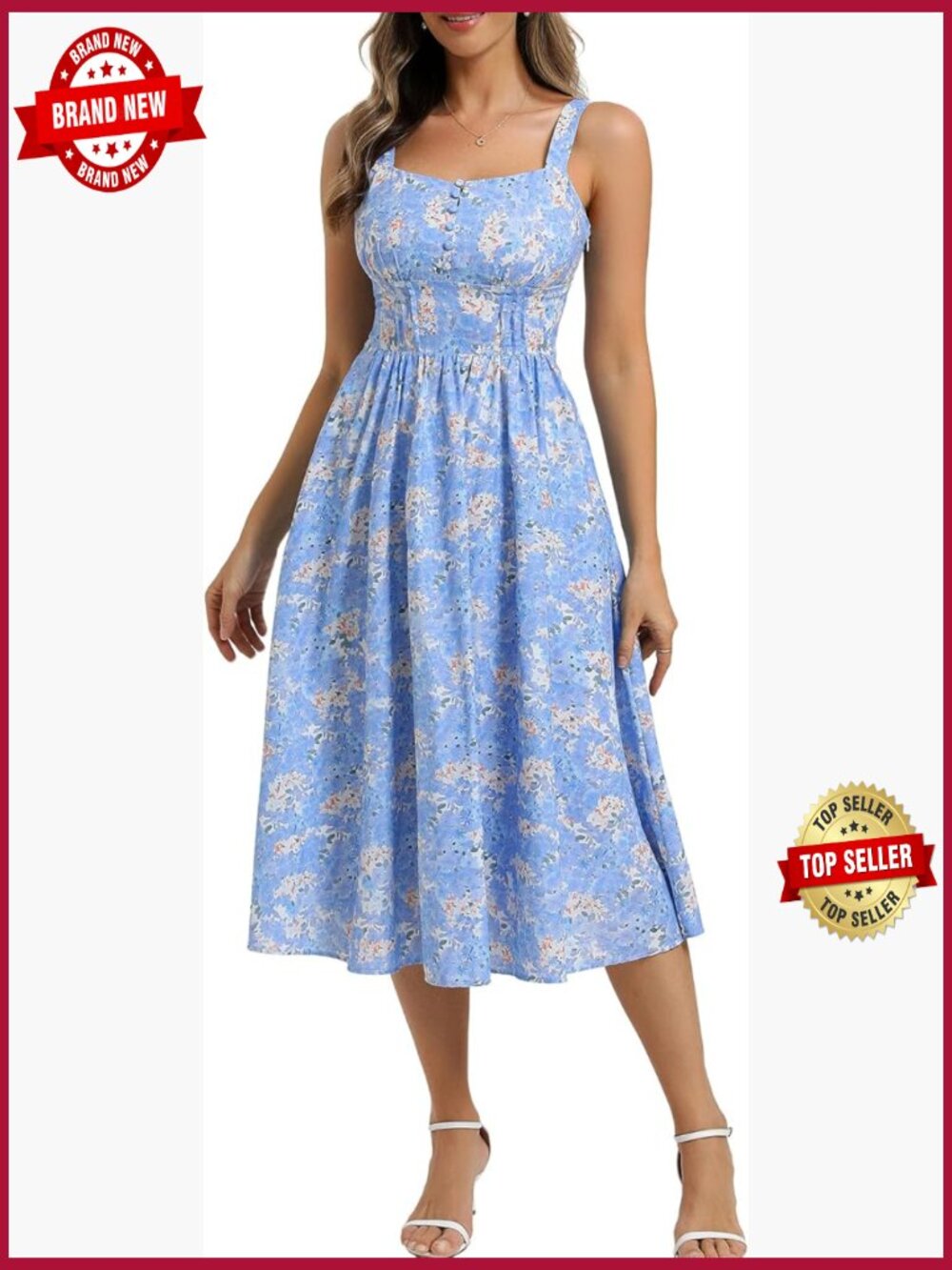 Sleeveless A-Line Midi Sundress with Pockets Flowy Beach Dress - Picture 1 of 7